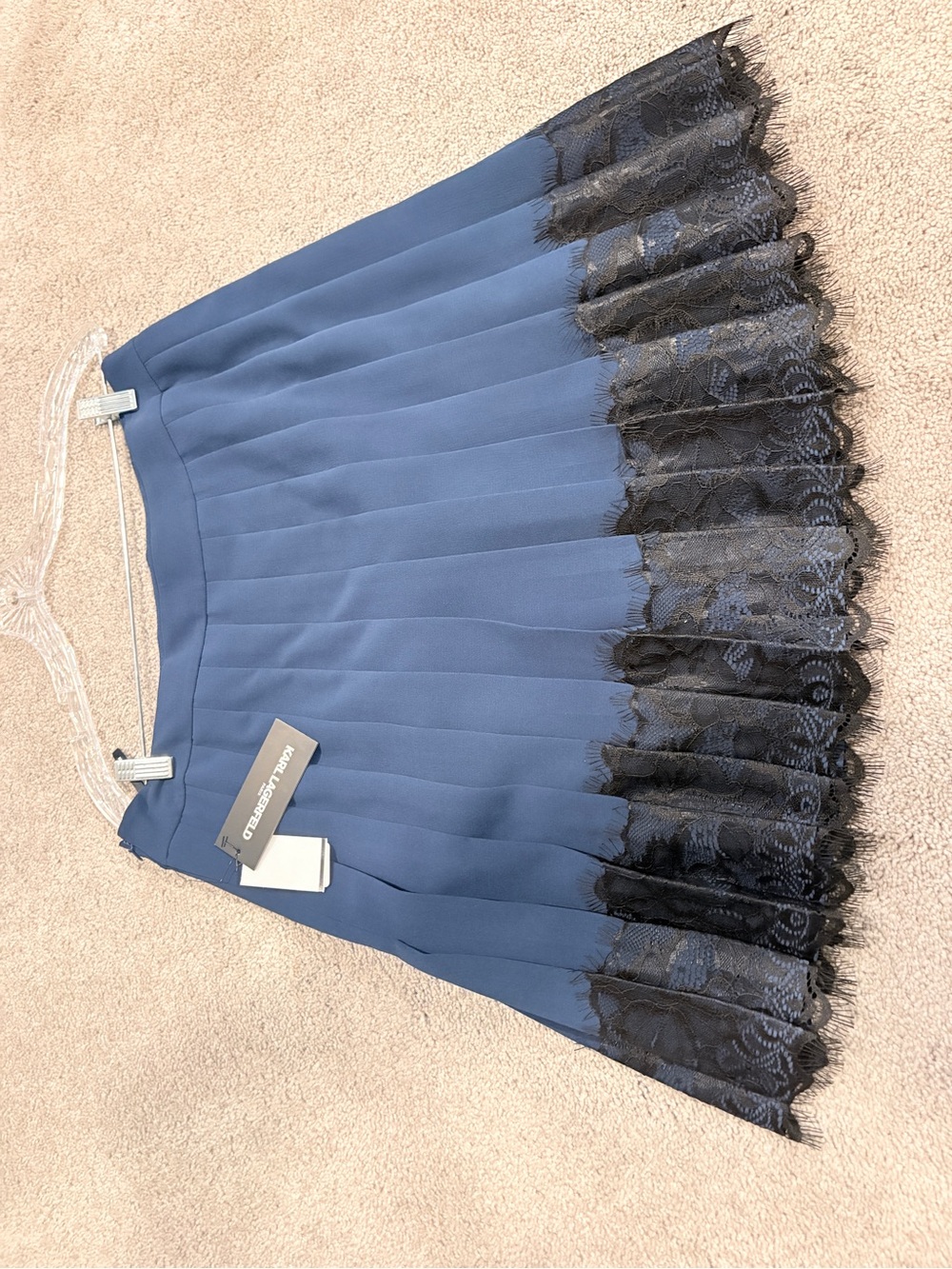 Karl Lagerfeld Blue Pleated Skirt with Black Lace Hem